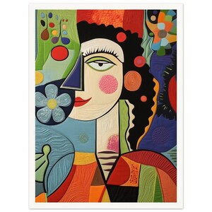 Könnte beinhalten: Abstrakte Malerei eines Frauen Gesichts mit bunten geometrischen Formen und Mustern. Die Frau hat schwarzes Haar, ein weißes Gesicht und rosa Wangen. Der Hintergrund ist eine Mischung aus Grün, Blau und Rot.