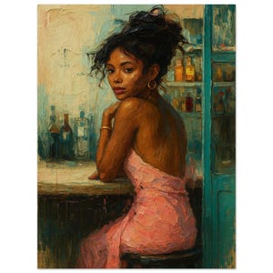 Arte murale • Poster NB • Pittura a olio testurizzata • Arte nera • Donna africana • Donna boho chic in abito rosa