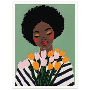 Arte murale • Poster • Arte su tessuto nero • Donna africana • Tulipani per la sua anima