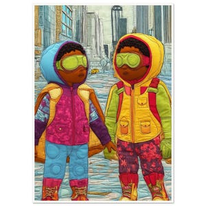 Arte murale • Poster • Arte trapuntata nera • Amicizia in fili urbani colorati ispirati a Bisa Butler e Hebru Brantley