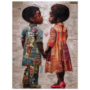 Arte murale • Poster senza bordo • Arte in tessuto nero • Bambini africani • Cucito con amore: una trapunta di unità e infanzia