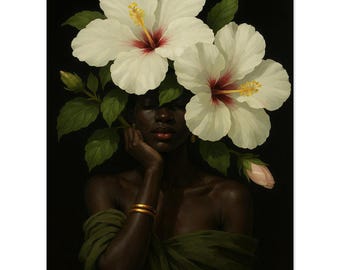 May include: A portrait of a person with dark skin, wearing a green dress, with white hibiscus flowers covering their head. The flowers have red centers and yellow stamens.
