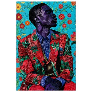 Puede incluir: Un rompecabezas que muestra el retrato de una persona de piel oscura representada con patrones de puntos morados y negros. La persona viste un blazer rojo con estampado floral verde y negro sobre una camisa de lunares azules con fondo azul brillante.