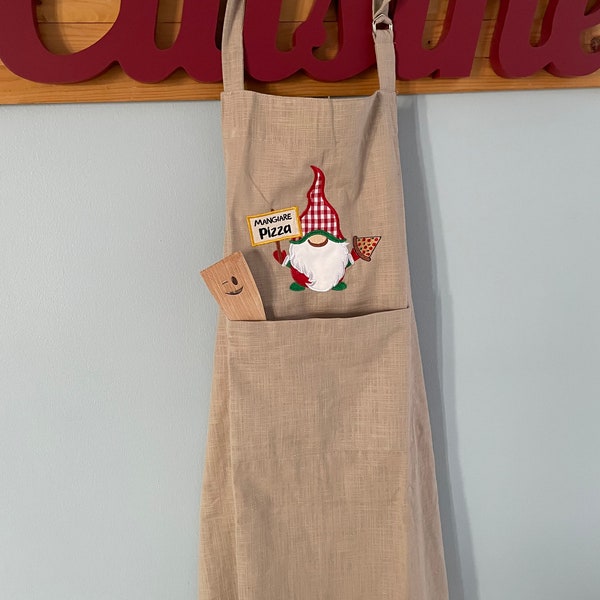 Tablier de cuisine avec broderie en appliqué « Gnome Mangiare Pizza »