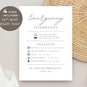 May include: Printable emergency information card with a white background and black text. The card includes a location address, contact information for a hospital, fire department, police, poison control, and property owners, and instructions to call 911 in case of emergency. The card is available in four sizes: 5x7 inches, 8x10 inches, 8.5x11 inches, and 11x14 inches.