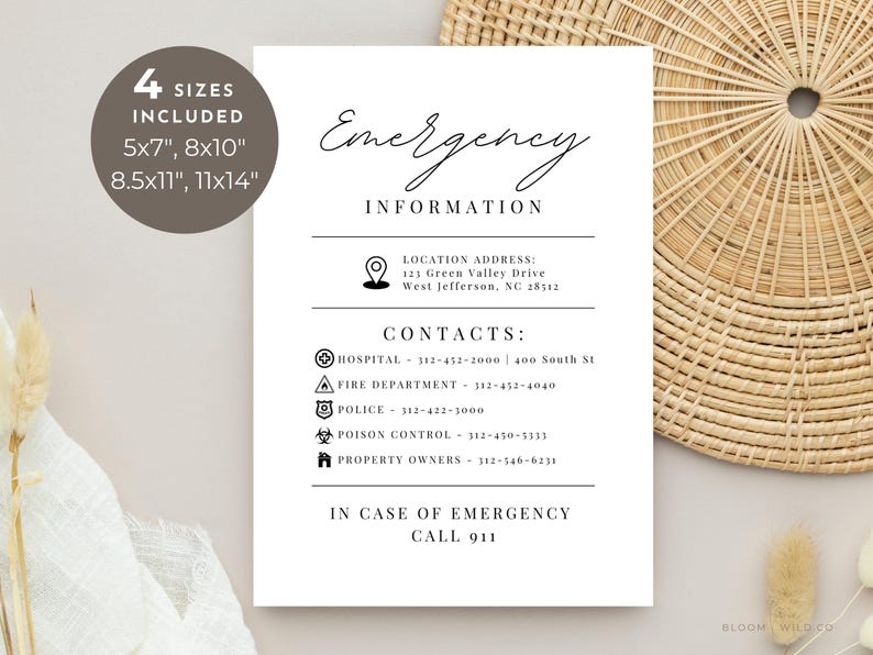 May include: Printable emergency information card with a white background and black text. The card includes a location address, contact information for a hospital, fire department, police, poison control, and property owners, and instructions to call 911 in case of emergency. The card is available in four sizes: 5x7 inches, 8x10 inches, 8.5x11 inches, and 11x14 inches.
