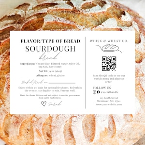 Modèle d'étiquette de levain avec code QR, étiquettes de boulangerie artisanale, conseils d'entretien du pain au levain, étiquette d'ingrédients de levain, carte d'entretien du pain