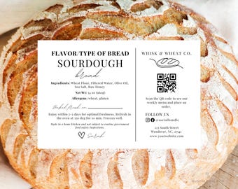 Sourdough Label Template with QR code, Cottage Law Bakery Labels, Sourdough Bread Care Tips, Sourdough Ingredient Label, Bread Care Card