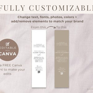 May include: Editable label template for food products, showing a white label with the text "Classic Vanilla" and a brown label with the text "Chocolate Marble". The text "Editable with Canva" is also visible.
