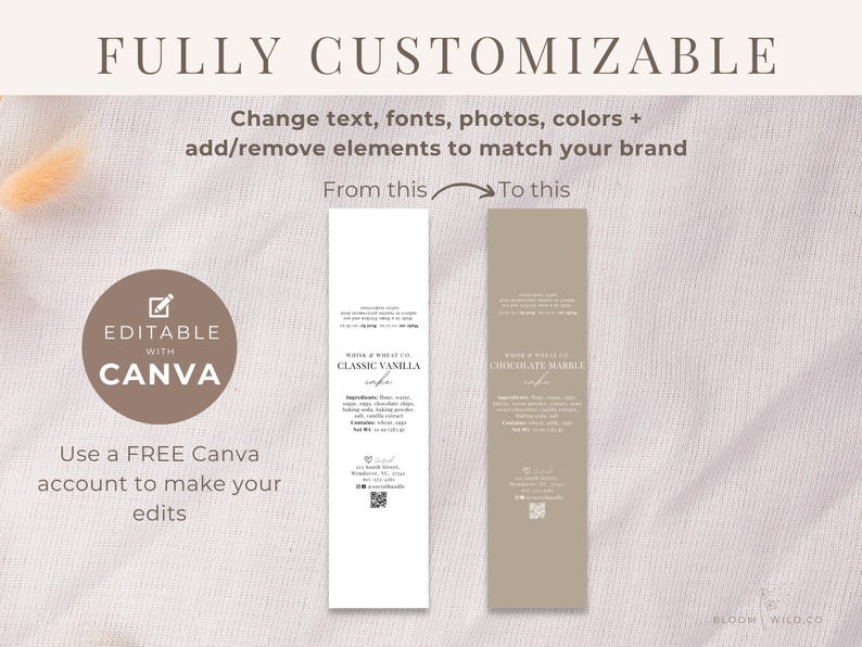 May include: Editable label template for food products, showing a white label with the text "Classic Vanilla" and a brown label with the text "Chocolate Marble". The text "Editable with Canva" is also visible.