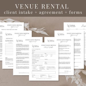 Puede incluir: Un conjunto de formularios de alquiler de locales para eventos, que incluyen la captación de clientes, acuerdos y facturas. Los formularios están impresos en papel blanco con texto negro.