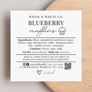 Muffinsetikett för mikrobagare, ingrediensetiketter för bageri, anpassad etikett för Cottage Law-bageri med QR-kod, redigerbar Canva-etikett för Cottage Law