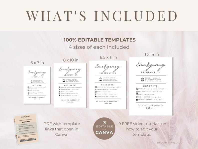 May include: Four printable emergency information cards in different sizes: 5x7 inches, 8x10 inches, 8.5x11 inches, and 11x14 inches. The cards are white with black text and include the words "Emergency Information" and "Contacts". The cards are editable in Canva and come with nine free video tutorials.