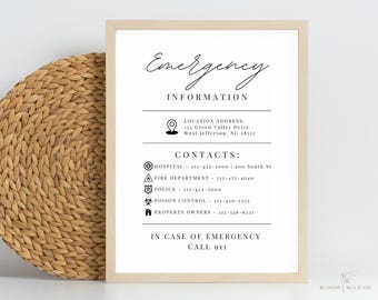 Emergency Contact Sign, Emergency Phone Numbers, Airbnb Emergency Information Sign, Editable Template Canva Emergency Contacts, Just in Case