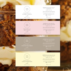 May include: Close-up of a layered dessert in a glass jar, with four labels displaying cake flavors: Classic Vanilla, Red Velvet, Chocolate Marble, and Lemon Poppyseed. The labels include ingredients and contact information.