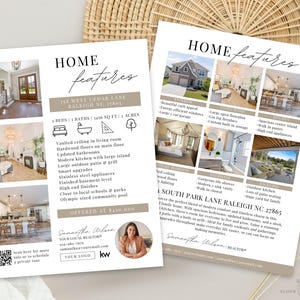 Pode incluir: Dois folhetos imobiliários com o título "HOME features" são exibidos. Eles mostram detalhes da propriedade, incluindo fotos de interiores e exteriores, e as informações de contato do corretor.