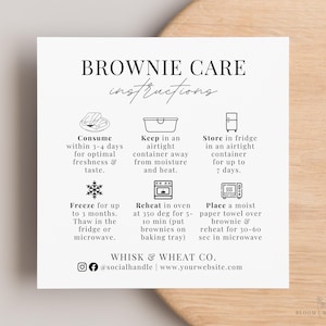 Brownies-onderhoudskaart Canva-sjabloon, onderhoudsinstructies brownies, onderhoudsgids brownies, bakkerij-business onderhoudskaart, klantenbijsluiter browniebestelling