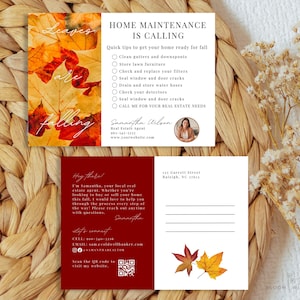 Herbst Home Wartung Checklist Postkarte, Tipps zur Wartung von Grund und Boden, Herbst Realtor Postkartenvorlage, Herbst Realtor Farming Karten