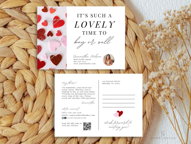 May include: A Valentine's Day themed real estate postcard with a red and pink heart design. The text reads "It's such a lovely time to buy or sell". The postcard includes the real estate agent's name, contact information, and website address.