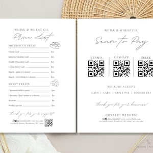 Lista de precios de panadería casera, escanear para pagar 3 QR, plantilla de menú de masa madre Canva, lista de precios de golosinas y paquete de escaneo para pagar, escaneo para pagar en feria de artesanía