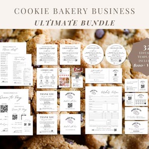Puede incluir: Una colección de plantillas imprimibles para un negocio de panadería de galletas, que incluye menús, tarjetas de agradecimiento y formularios de pedido. Se muestra el texto "COOKIE BAKERY BUSINESS ULTIMATE BUNDLE". El paquete incluye 32 plantillas editables.