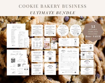 Puede incluir: Una colección de plantillas imprimibles para un negocio de panadería de galletas, que incluye menús, tarjetas de agradecimiento y formularios de pedido. Se muestra el texto "COOKIE BAKERY BUSINESS ULTIMATE BUNDLE". El paquete incluye 32 plantillas editables.