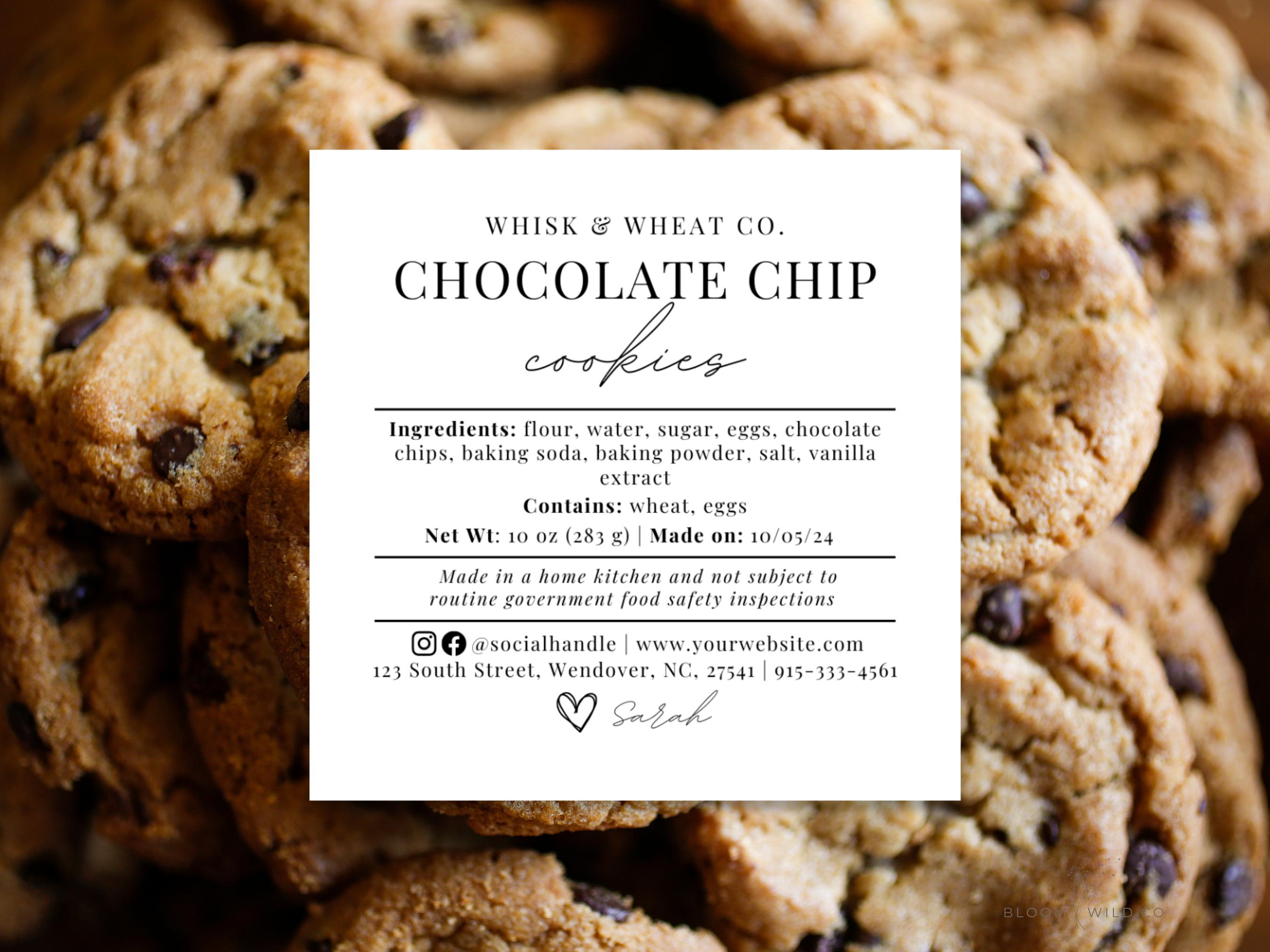 Cottage Food Label Cookies, Cookies Ingredients Labels, Home Bakery ...