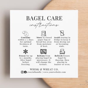 Instruções do cartão de cuidados com bagels, cartões de cuidados com padaria caseira, adesivo de cuidados com bagels de massa fermentada, rótulo de alimentos Cottage Law, dicas do guia de conselhos para armazenamento de bagels
