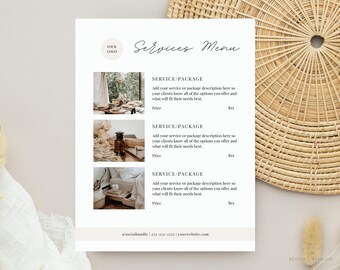 Modelo de menu de serviços no Canva, guia de preços de serviços, lista de preços para empresas de serviços, menu de serviços