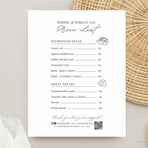 Lista de preços de massa fermentada, menu de padaria de massa fermentada, modelo de menu de padaria Canva, lista de preços de padaria caseira com QR, lista de preços de padaria e modelo de menu