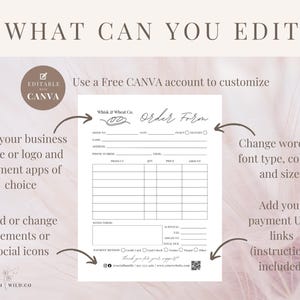 Pu&ograve; includere: Modello di modulo d'ordine modificabile per una panetteria o un'attivit&agrave; alimentare. Il modello presenta un design in bianco e nero con un carattere scritto a mano. Il testo "Whisk & Wheat Co." e "Modulo d'ordine" &egrave; visibile. Il modello pu&ograve; essere personalizzato con un nome aziendale, un logo, app di pagamento, icone di social media e link URL di pagamento.