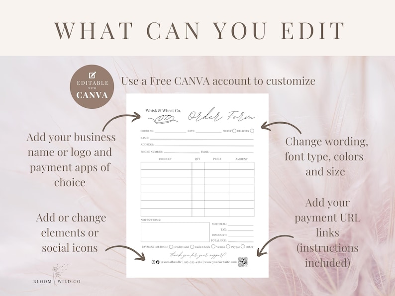 Pu&ograve; includere: Modello di modulo d'ordine modificabile per una panetteria o un'attivit&agrave; alimentare. Il modello presenta un design in bianco e nero con un carattere scritto a mano. Il testo "Whisk & Wheat Co." e "Modulo d'ordine" &egrave; visibile. Il modello pu&ograve; essere personalizzato con un nome aziendale, un logo, app di pagamento, icone di social media e link URL di pagamento.