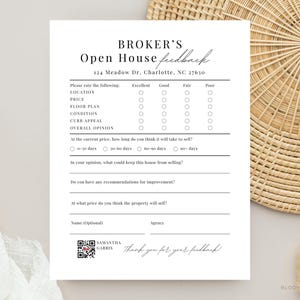 Modulo di feedback aperto dei broker, modulo di feedback Canva per open house immobiliare, modulo di feedback per open house dell'agente, moduli di feedback per tour dell'agente immobiliare