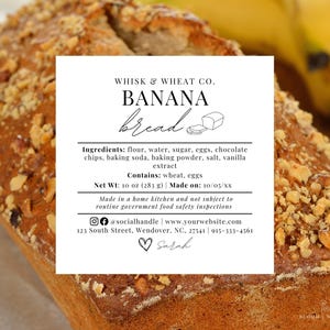 Banana Bread Label with QR code, Cottage Law Bakery Labels Custom, Cottage Law Food Ingredient, Cottage Law Editable Canva Label Square
