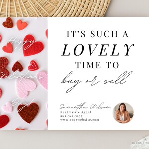 May include: A Valentine's Day themed real estate marketing card with red, pink, and glitter hearts. The text reads "It's such a lovely time to buy or sell". The card includes the name and contact information for Samantha Wilson, a real estate agent.