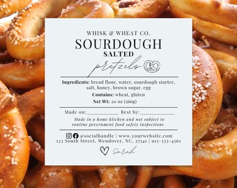 Modelo de etiqueta para pretzel de fermentação natural, adesivo com código QR para legislação sobre alimentos caseiros, ingredientes de produtos assados, download digital do Canva