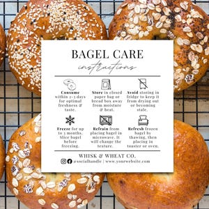 Instruções de cuidados com bagels de fermento natural, dicas de cuidados com bagels, cartão de cuidados com padaria, adesivo de cuidados com bagels de fermento natural, rótulo de alimentos Cottage Law