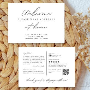 Cartes de bienvenue Airbnb pour voyageur, carte de remerciement avec panier de bienvenue Airbnb avec code QR, modèle de message de bienvenue Airbnb, cartes de bienvenue pour Airbnb