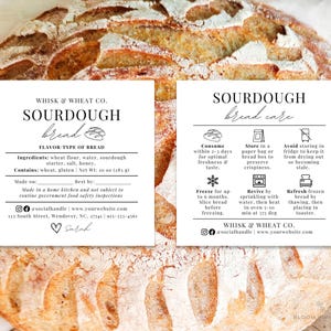 Ingrediëntenetiket zuurdesembrood en onderhoudskaart minibundel, labels Cottage Law Bakery, onderhoudsinstructies zuurdesem, sjabloon zuurdesembrood