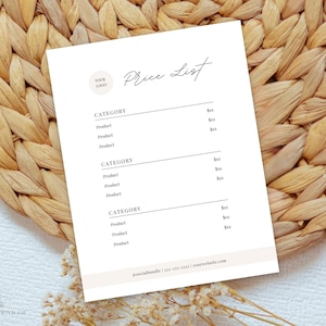 May include: A white price list with the words "Price List" in elegant script. The document includes sections for categories and product listings, with space for prices. A logo is at the top left. The list is on a woven, light brown surface.