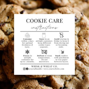 Guia de cuidados com biscoitos, Cartão de instruções para cuidados com biscoitos, Modelo de cuidados com biscoitos, Cartão de cuidados para empresas de padaria, Cuidados com biscoitos de açúcar, Encarte para pedido de biscoitos