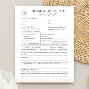 May include: A printable client intake form with sections for client information, service details, and investment priorities. The form includes fields for preferred contact, timeline preferences, and goals. The form is on a white background.