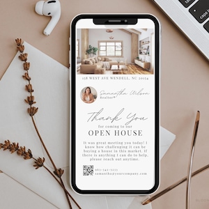 Texte de remerciement pour les portes ouvertes, carte numérique Merci d'être venu aux portes ouvertes, modèle Canva pour marketing immobilier, code QR de remerciement pour portes ouvertes