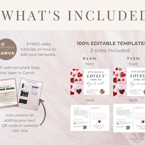 May include: Editable Canva templates for a "It's Such a Lovely Time to Buy or Sell" real estate postcard. The design features a pink and red heart pattern with a white background. The postcard is available in two sizes: 6x4 inches and 7x5 inches. The listing includes nine free video tutorials on how to edit the template.