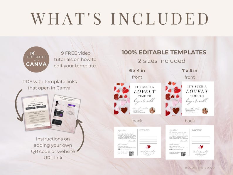 May include: Editable Canva templates for a "It's Such a Lovely Time to Buy or Sell" real estate postcard. The design features a pink and red heart pattern with a white background. The postcard is available in two sizes: 6x4 inches and 7x5 inches. The listing includes nine free video tutorials on how to edit the template.