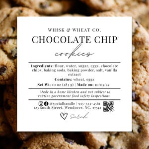 Modello di etichetta QR per legge alimentare casalinga, etichetta per biscotti per alimenti casalinghi, etichetta per ingredienti di biscotti, adesivo per legge alimentare casalinga, etichetta per panetteria casalinga Canva
