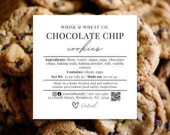 Cottage Food Law Label Template QR, Cottage Food Label Cookies, Cookies Ingredients Label, Cottage Law Sticker, Home Bakery Label Canva