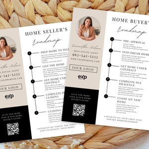 Pode incluir: Três brochuras informativas com um esquema de cores bege e preto. As brochuras são para serviços imobiliários, com texto incluindo "Home Seller's Roadmap" e "Home Buyer's Roadmap". Cada brochura apresenta uma foto de uma mulher e informações de contato.