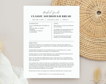 Modelo de receita editável no Canva, ficha de receita de pão de fermentação natural, receita de padaria caseira, folha de receita compartilhável, páginas de receitas para livro de receitas