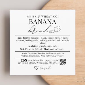 Étiquette de pain aux bananes, étiquettes de boulangerie droit des chalets personnalisées avec code QR, ingrédient alimentaire droit des chalets, étiquette sur toile modifiable droit des chalets